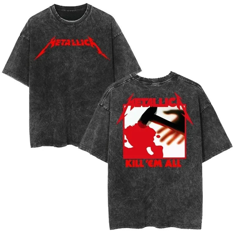 2026 and men women Classic washed T-shirt featuring the Metallica rock band Suitable for high-end luxurious outfits clothes