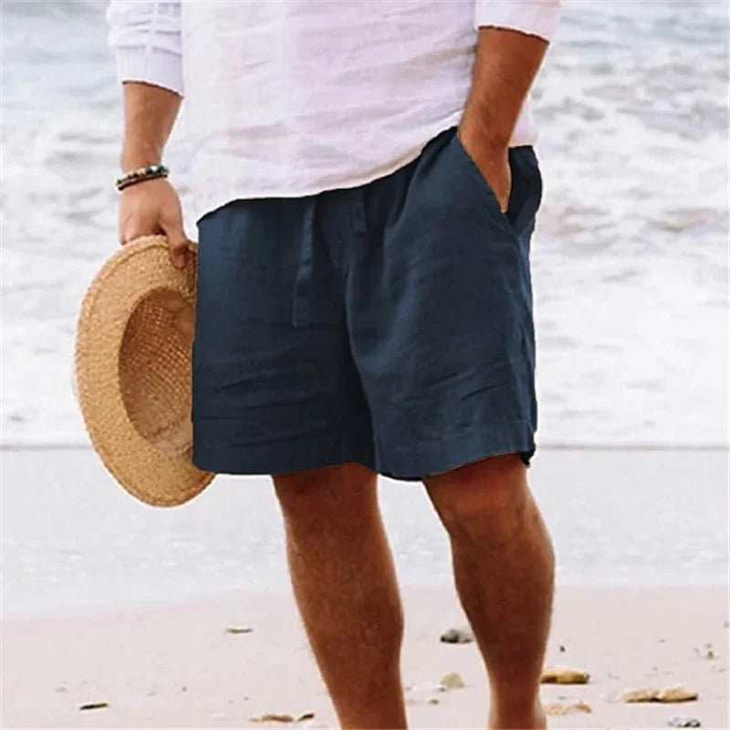 Cotton Linen Men's Shorts Summer Loose Fit Straight Leg Casual Solid Color Beach Pants Trendy