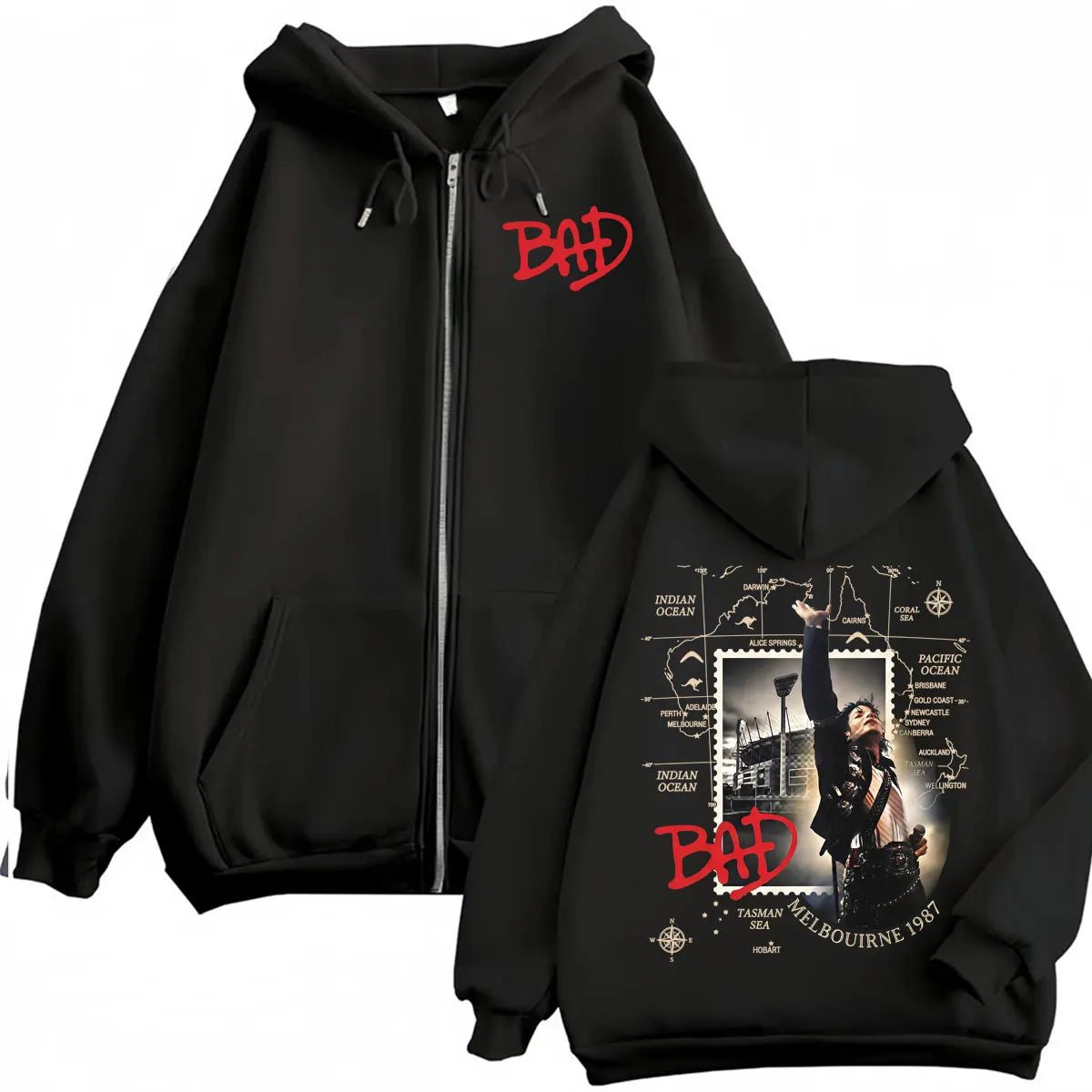 King of Pop Michael Jackson Bad Era Zipper Hoodie Men Women Harajuku Streetwear Jacket Sweatshirt Fleece Casual Zip Up Pullovers