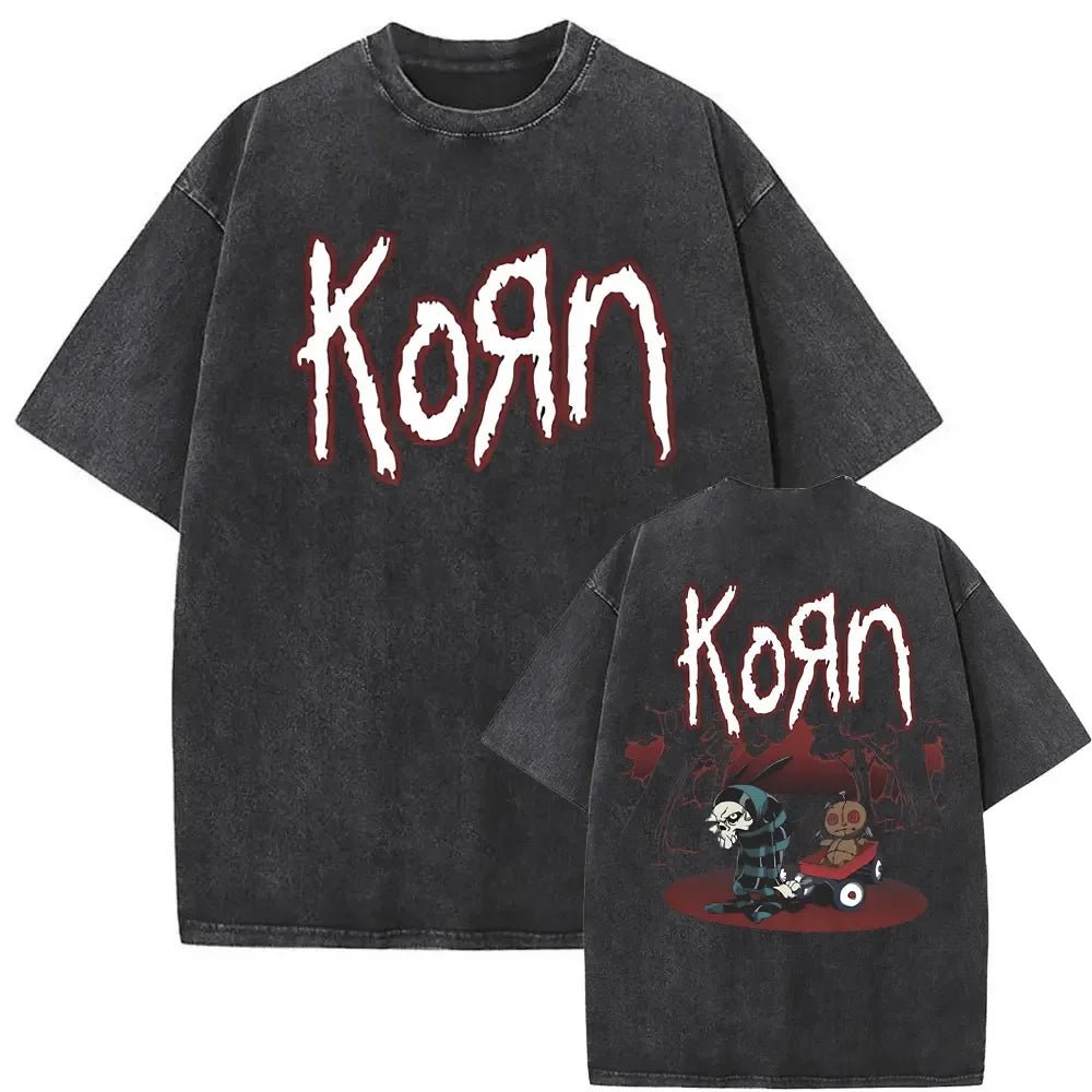 Rock Band Korn Ftl 25 Follow The Leader Double Sided Print T Shirt Men Gothic Casual Oversized Tees Unisex Washed Vintage Tshirt
