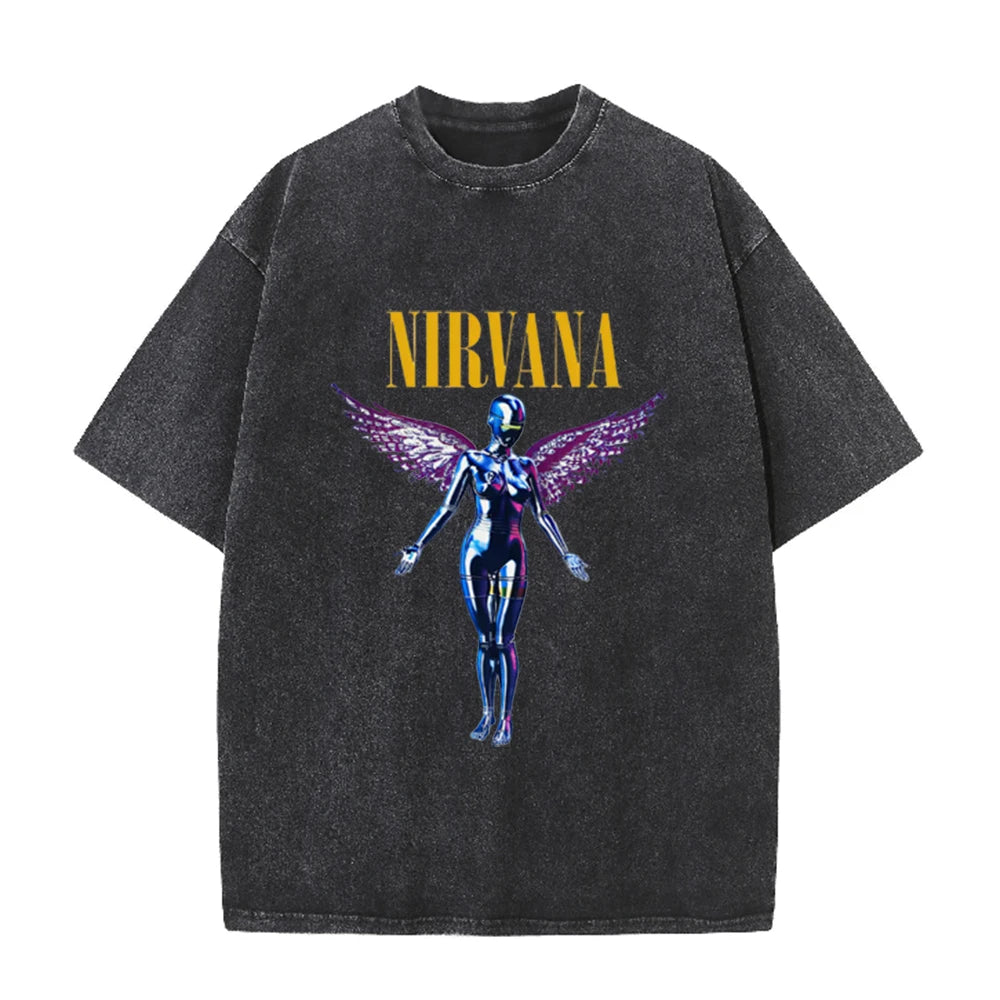 Nirvana Angel In Utero Print Vintage Washed T Shirt Rock Band Casual Top