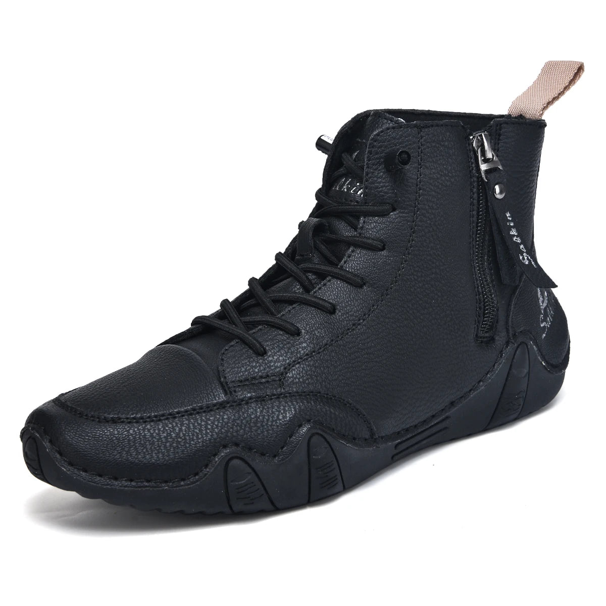 Men's Hand-Stitched Vintage Boots, Fashionable Solid Color Side Zipper High-Top Casual Shoes, Spring and Autumn Everyday Wear, Bare Boots, Outdoor Hiking Sneakers