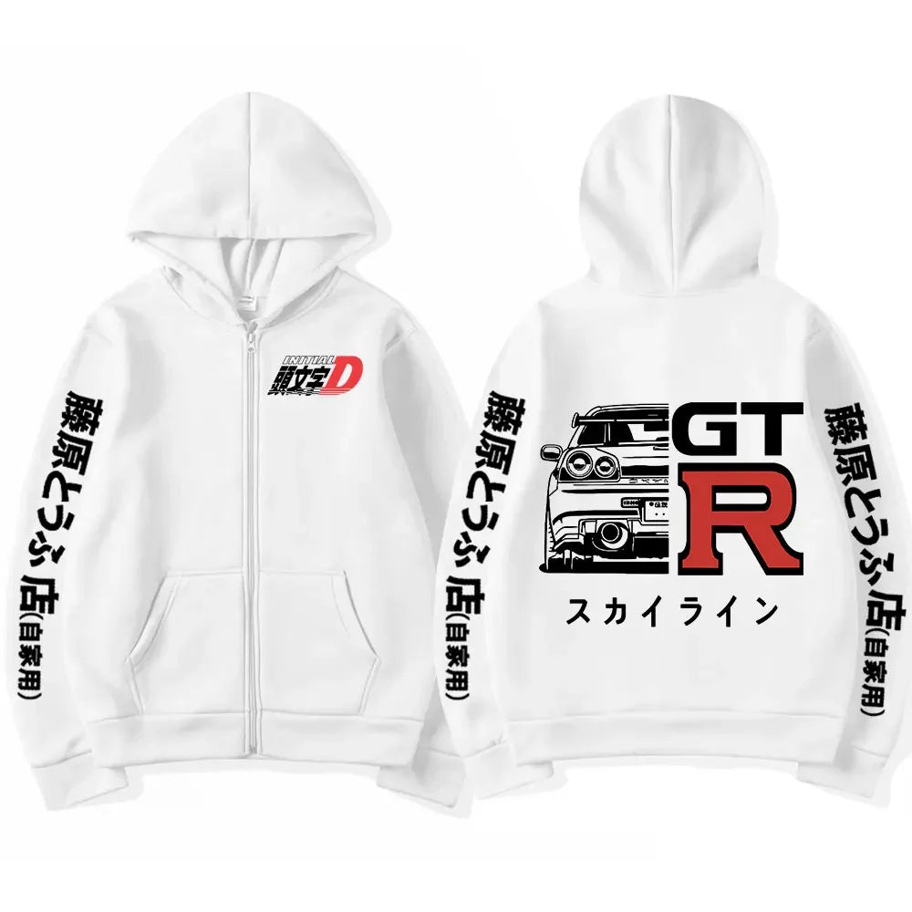 Anime Initial D Drift AE86 Zipper Hoodie Casual Vintage Zip Up Hooded Sweatshirts JDM Car Oversized Hoodies Cardigan Jacket Coat