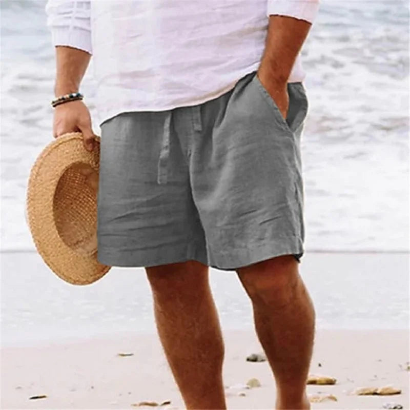 Cotton Linen Men's Shorts Summer Loose Fit Straight Leg Casual Solid Color Beach Pants Trendy