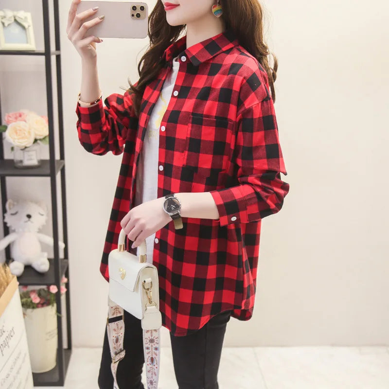 Brand Casual Women's Flannel Plaid Shirt 2025 Autumn New Boutique Ladies Loose Blouse and Tops Female Long Sleeve Shirts Clothes