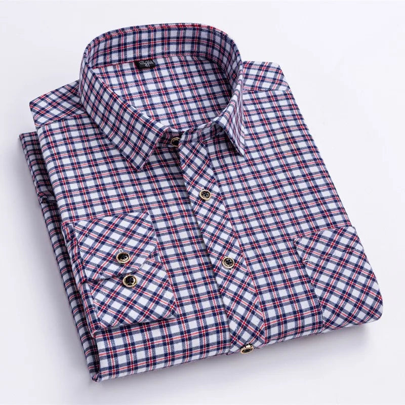 2024 New Men's Flannel Shirts Long Sleeve Cotton Soft Regular-fit Brushed Single Pocket Comfortable Casual Fashion Plaid Shirts