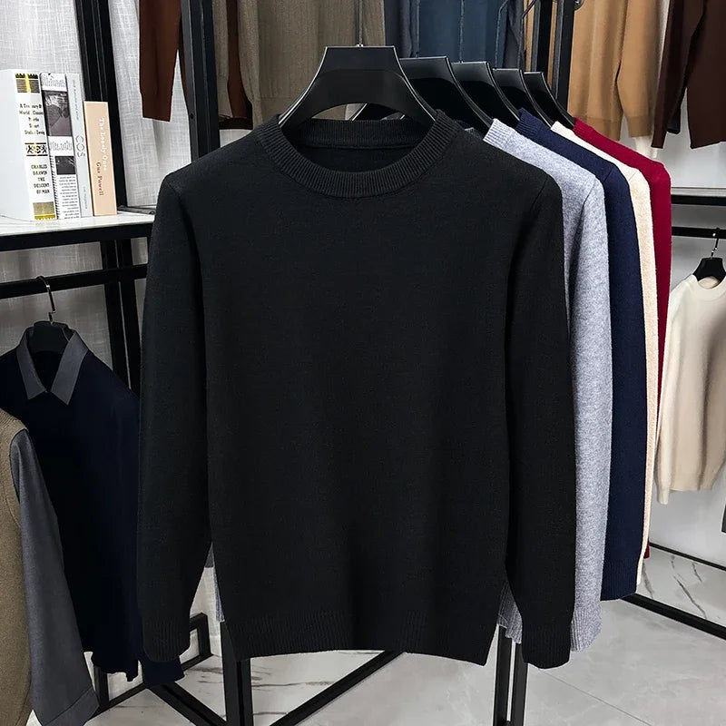 Soft Knit Men Crew Neck Long‑Sleeve Sweater Solid‑Color Plain Pullover Casual Business Basic Knitwear for Men