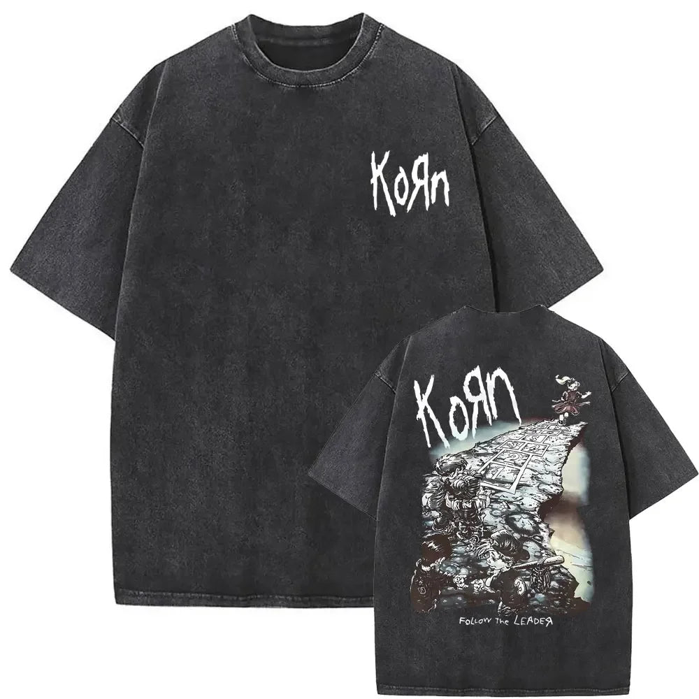 Rock Band Korn Ftl 25 Follow The Leader Double Sided Print T Shirt Men Gothic Casual Oversized Tees Unisex Washed Vintage Tshirt