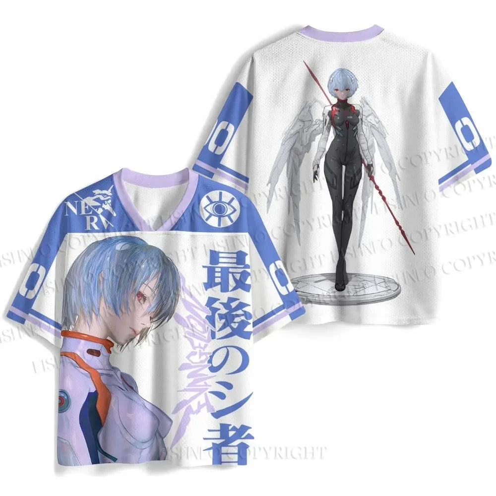 New Summer Anime Evangelion Rei Ayanami The Last Angel Print Jersey T-shirt Men Oversized Streetwear V-Neck Casual Tops