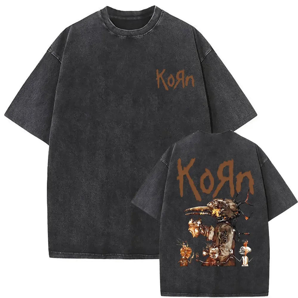 Rock Band Korn Ftl 25 Follow The Leader Double Sided Print T Shirt Men Gothic Casual Oversized Tees Unisex Washed Vintage Tshirt