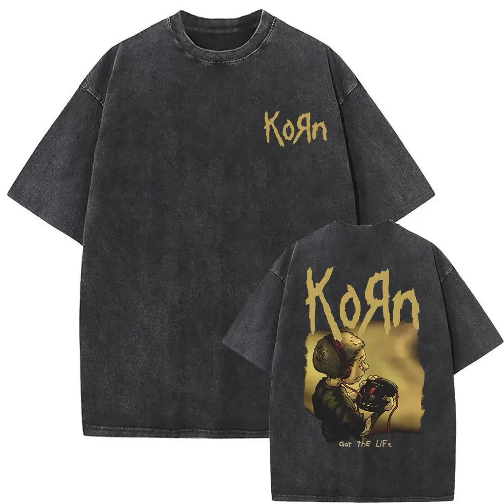 Rock Band Korn Ftl 25 Follow The Leader Double Sided Print T Shirt Men Gothic Casual Oversized Tees Unisex Washed Vintage Tshirt
