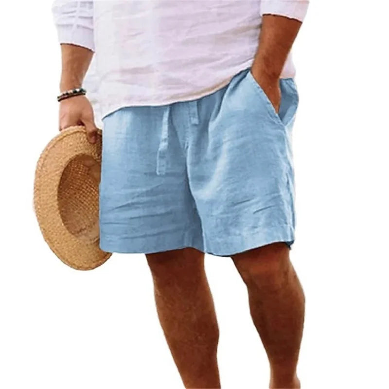 Cotton Linen Men's Shorts Summer Loose Fit Straight Leg Casual Solid Color Beach Pants Trendy