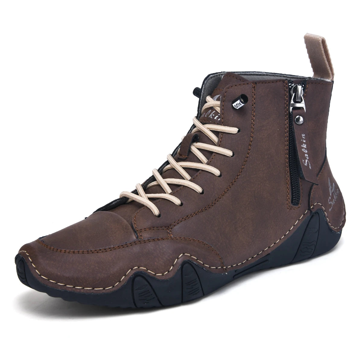 Men's Hand-Stitched Vintage Boots, Fashionable Solid Color Side Zipper High-Top Casual Shoes, Spring and Autumn Everyday Wear, Bare Boots, Outdoor Hiking Sneakers