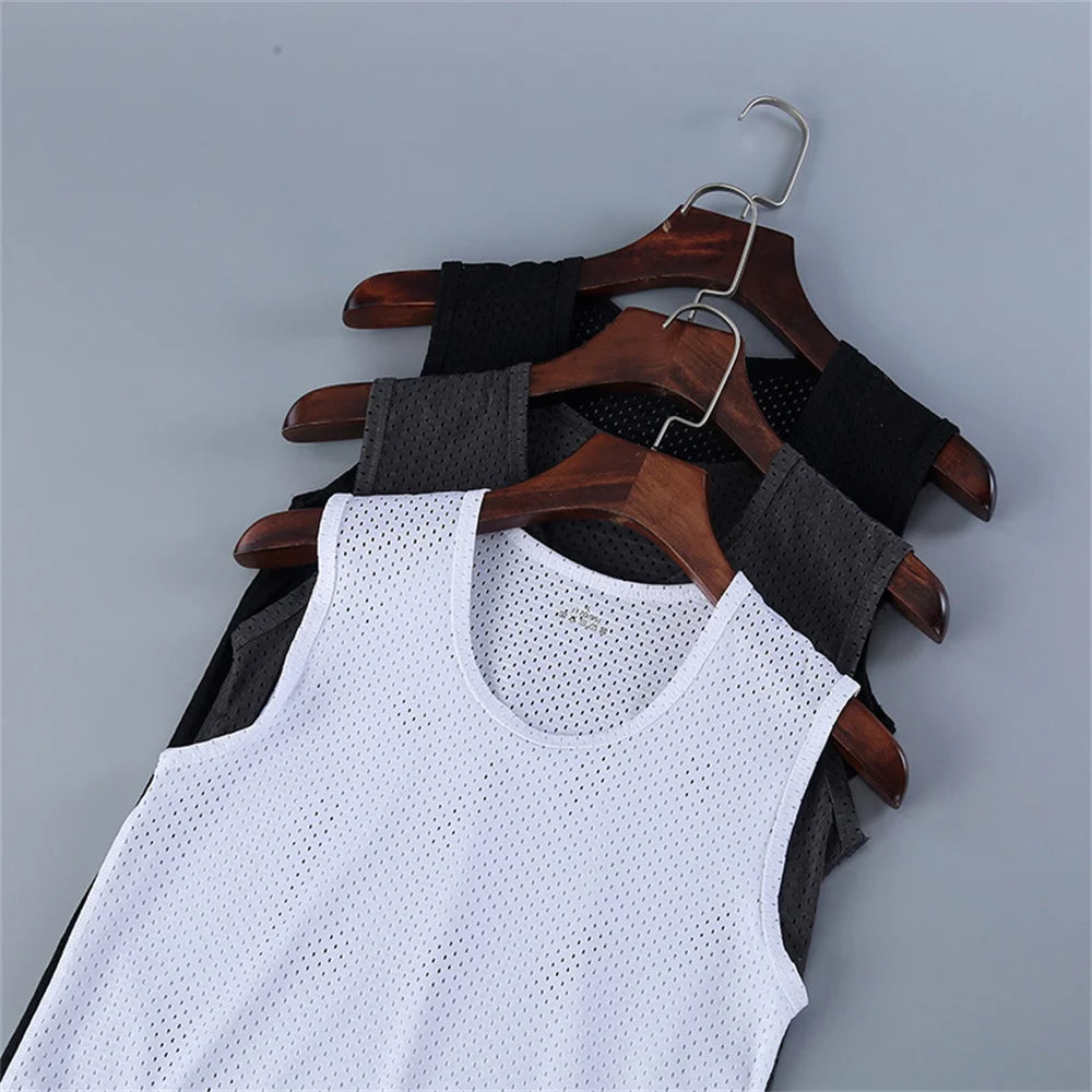 Men's Ice Silk Mesh Vest Lightweight Sports Summer Wear Sleeveless T-shirt Tank Top Casual Fashion Outerwear