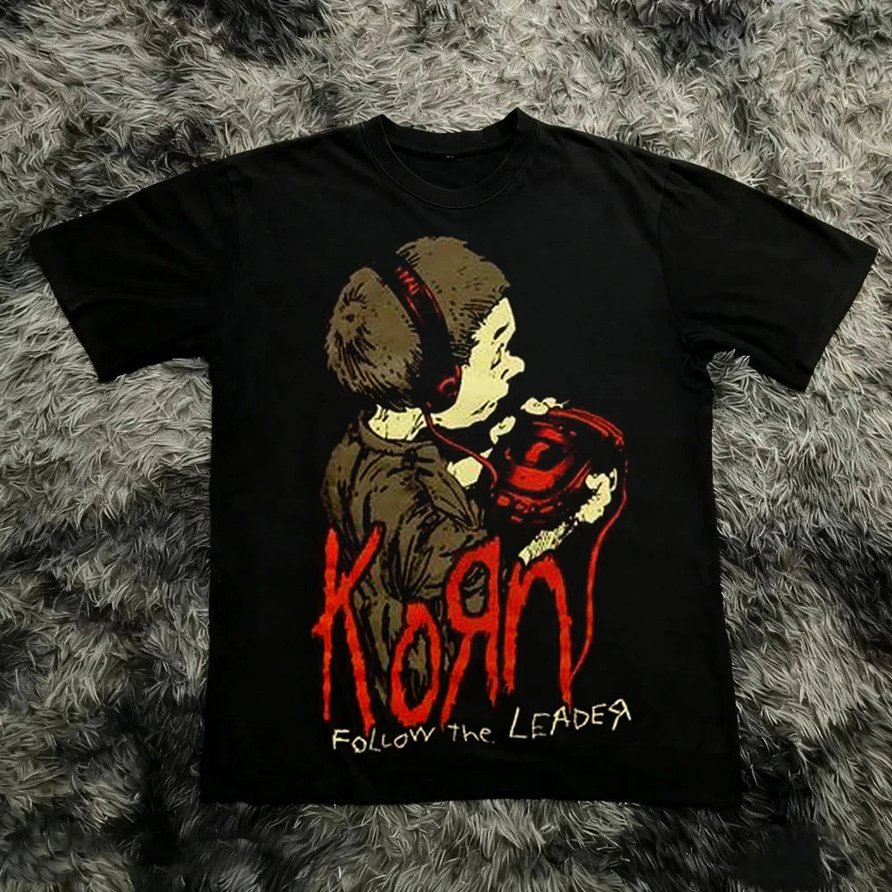 Korn Follow The Leader Cotton Printed T-Shirt Double-Sided Metal Band Tee Men's and Women's Oversize Couple Tee Tops