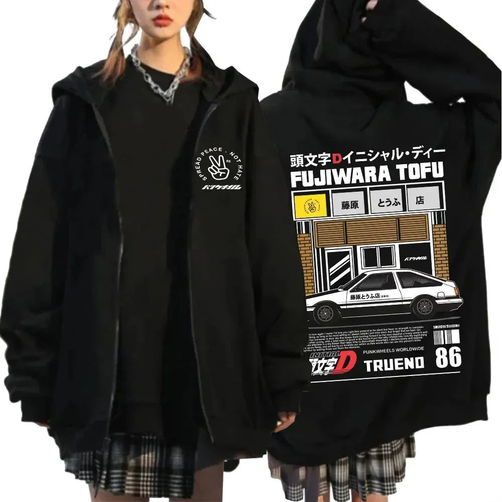 Anime Initial D Drift AE86 Zipper Hoodie Casual Vintage Zip Up Hooded Sweatshirts JDM Car Oversized Hoodies Cardigan Jacket Coat