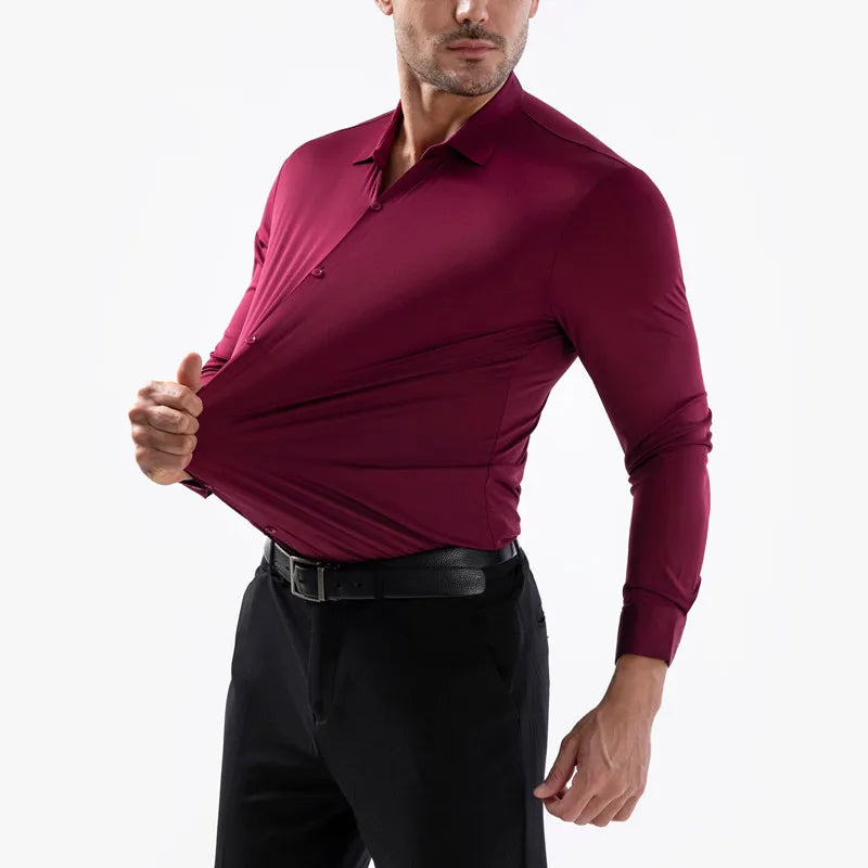 2025 High Elasticity Spandex Shirt Men Long Sleeve Spring Summer Slim Fit Casual Solid Color Social Formal Dress Shirts 100KG