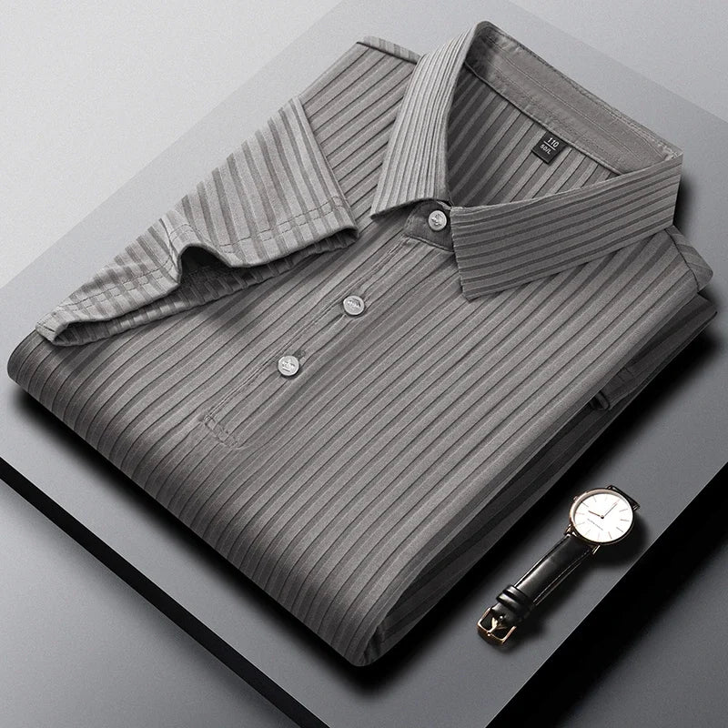 2026 New Men's Casual Fashion Striped Short Sleeved Collar Polo Shirt Breathable and Comfortable Summer Versatile T-shirt