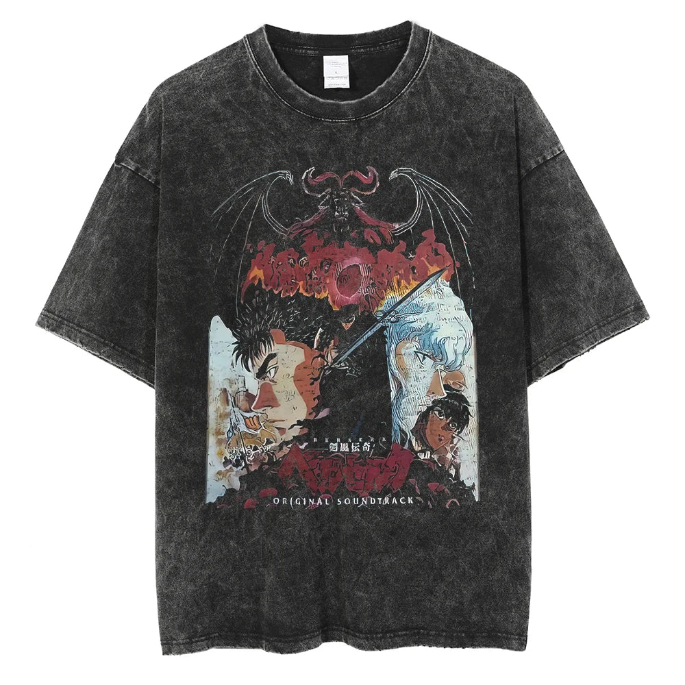 Berserk Manga Tshirt Guts Anime T Shirt For Men Women T-shirt Vintage Washed Cotton Clothing Summer Casual Short Sleeves Tees