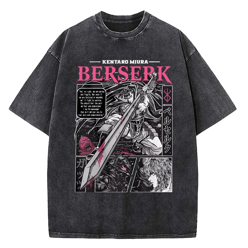 Berserk Print T Shirt Men Vintage Washed T-Shirt Anime Guts Graphic Tshirt Hip hop Streetwear Tees Casual Berserk Clothes