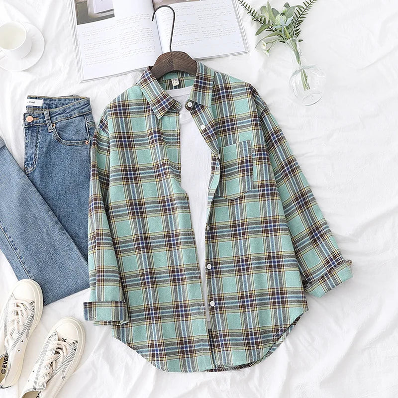 Brand Casual Women's Flannel Plaid Shirt 2025 Autumn New Boutique Ladies Loose Blouse and Tops Female Long Sleeve Shirts Clothes