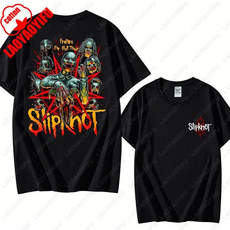 Prepare for Hell Tour Shirt Heavy Metal Cotton Tees Man Rock Band T-shirt Men's Slipknots Double Sided Print Short-sleeve Tops
