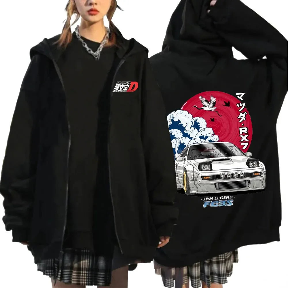 Anime Initial D Drift AE86 Zipper Hoodie Casual Vintage Zip Up Hooded Sweatshirts JDM Car Oversized Hoodies Cardigan Jacket Coat