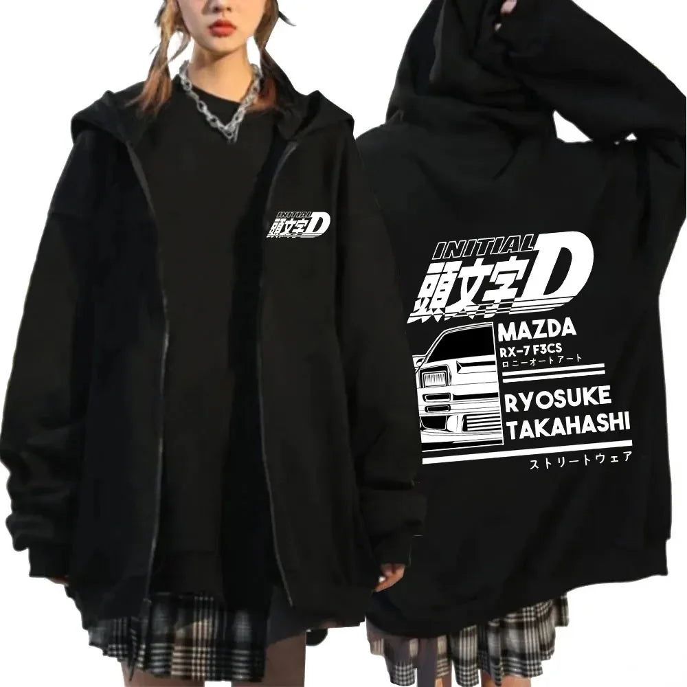 Anime Initial D Drift AE86 Zipper Hoodie Casual Vintage Zip Up Hooded Sweatshirts JDM Car Oversized Hoodies Cardigan Jacket Coat