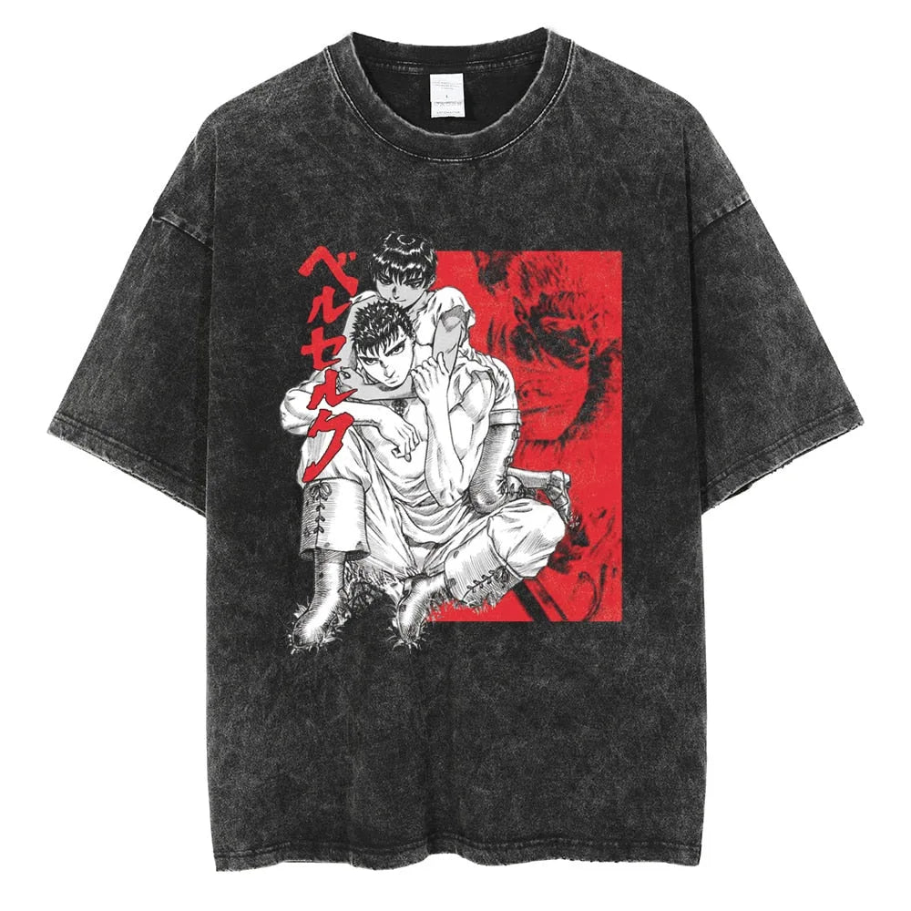 Berserk Manga Tshirt Guts Anime T Shirt For Men Women T-shirt Vintage Washed Cotton Clothing Summer Casual Short Sleeves Tees
