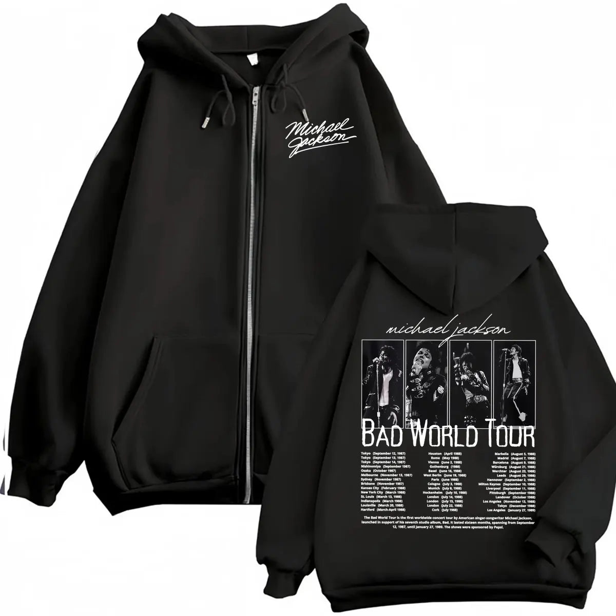 King of Pop Michael Jackson Bad Era Zipper Hoodie Men Women Harajuku Streetwear Jacket Sweatshirt Fleece Casual Zip Up Pullovers