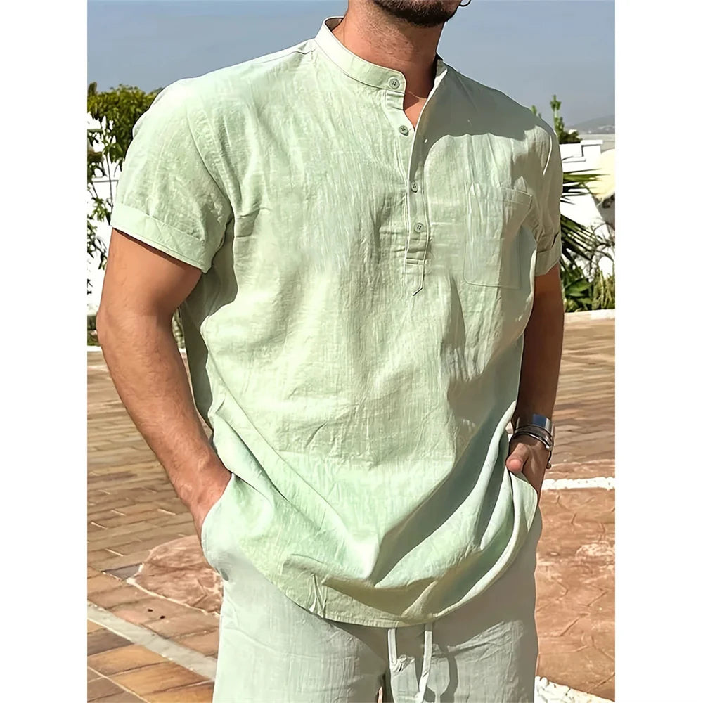 Summer Hot Sale Men's Cotton Linen T-shirt Henley Neck Casual Breathable Lightweight Solid Color Pocket Fashion Button Tops