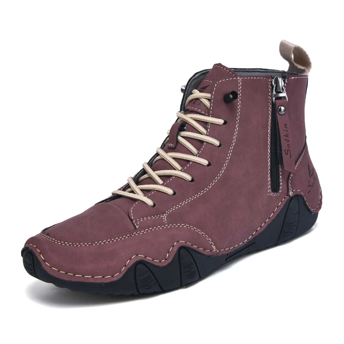 Men's Hand-Stitched Vintage Boots, Fashionable Solid Color Side Zipper High-Top Casual Shoes, Spring and Autumn Everyday Wear, Bare Boots, Outdoor Hiking Sneakers
