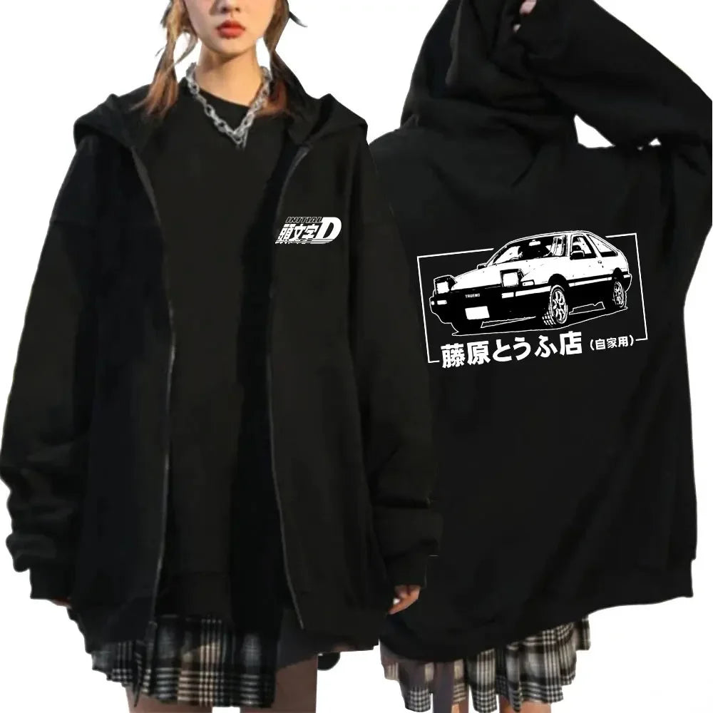 Anime Initial D Drift AE86 Zipper Hoodie Casual Vintage Zip Up Hooded Sweatshirts JDM Car Oversized Hoodies Cardigan Jacket Coat