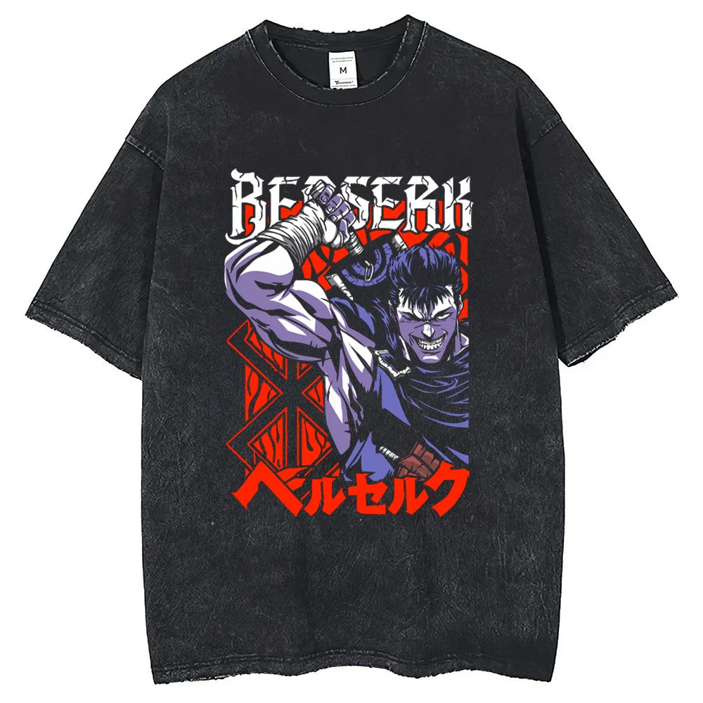Anime Berserk Cotton TShirt Hip Hop Streetwear T Shirt Guts Washed T-Shirt Summer Men Casual Loose Short Sleeve Harajuku