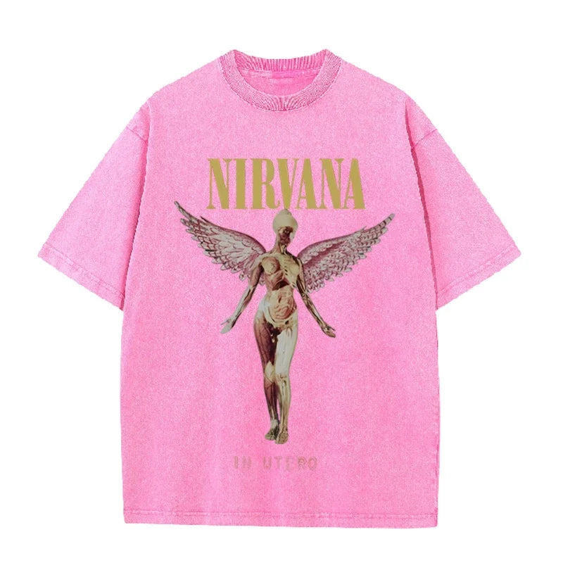Nirvana Angel In Utero Print Vintage Washed T Shirt Rock Band Casual Top