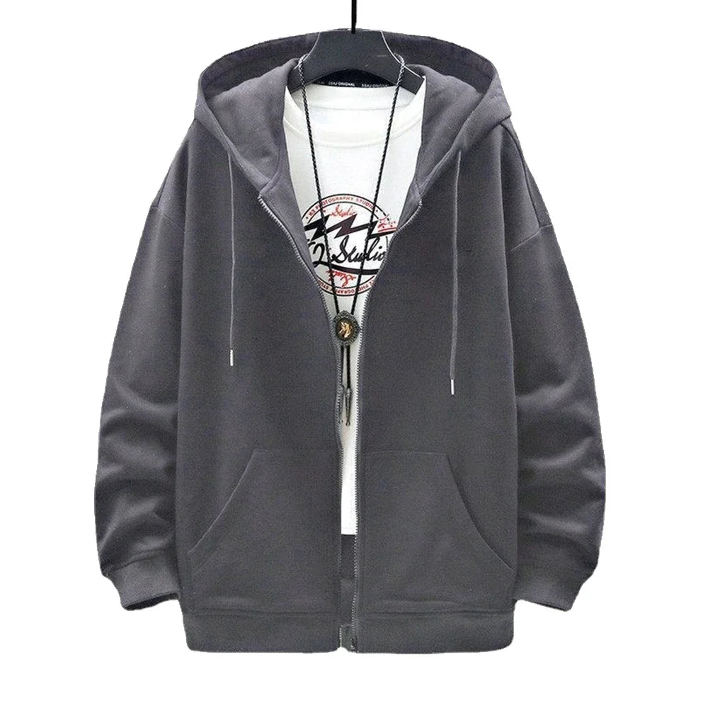 Men's  Trendy Hoodie Cardigan Autumn Hooded Sweatshirt Solid Color Classic Jacket Long Sleeve Zipper Coat Casual Men Clothing