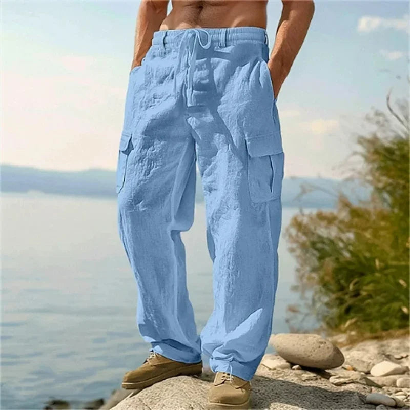 Men's Casual Trousers Loose Comfortable Cargo Pants Pants Man Cotton Linen Multi-Pocket Straight Trousers Beach Thin Men Pants