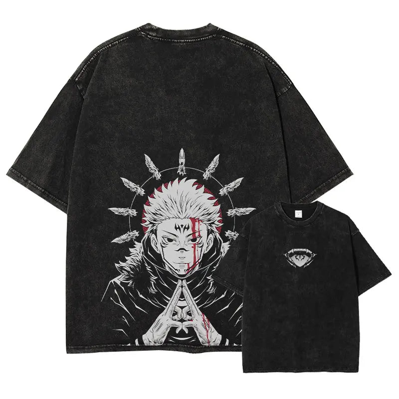 Anime Jujutsu Kaisen Gojo Satoru T Shirt Men Vintage Washed Black Tees Casual Streetwear Oversized Cotton Short Sleeve T-shirts