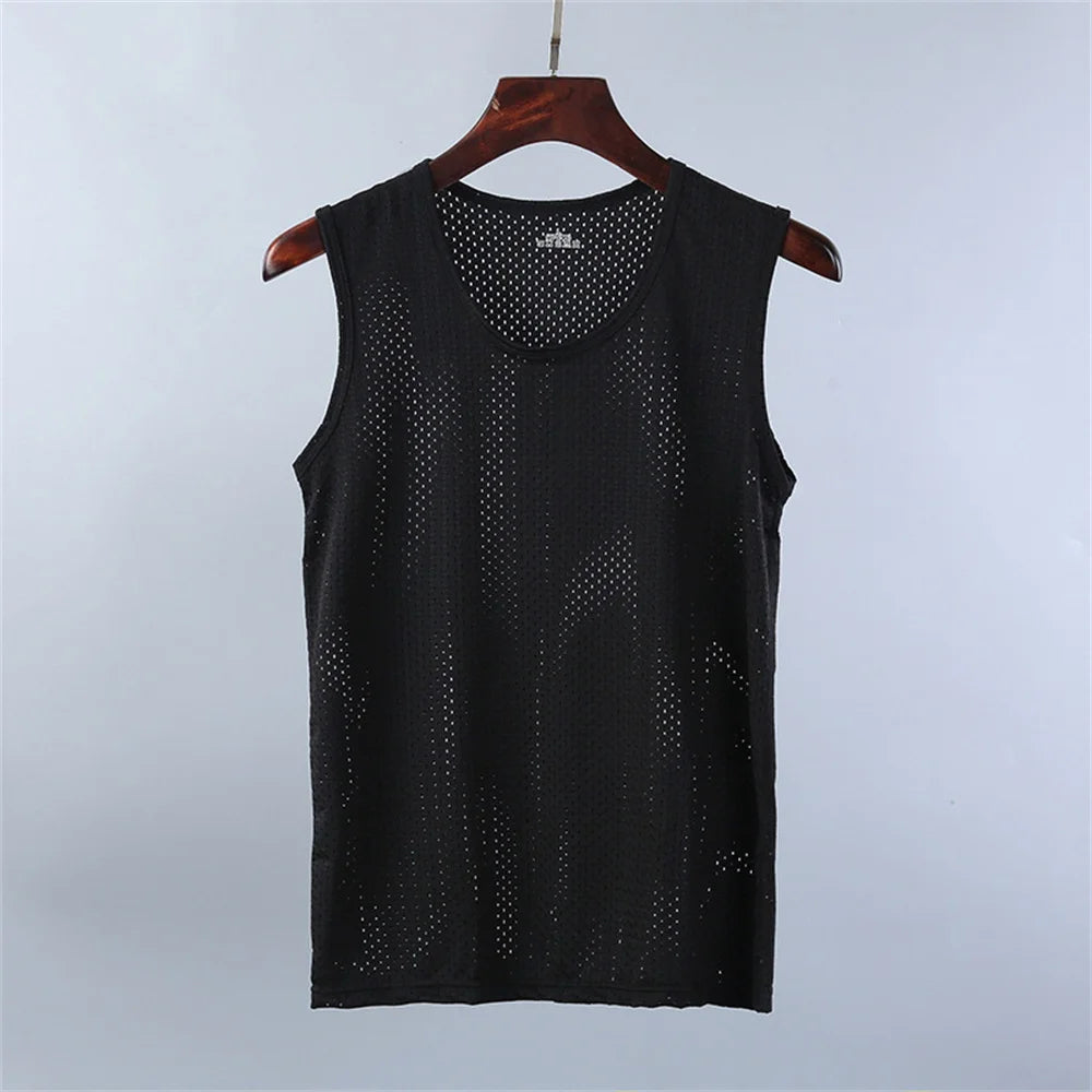 Men's Ice Silk Mesh Vest Lightweight Sports Summer Wear Sleeveless T-shirt Tank Top Casual Fashion Outerwear