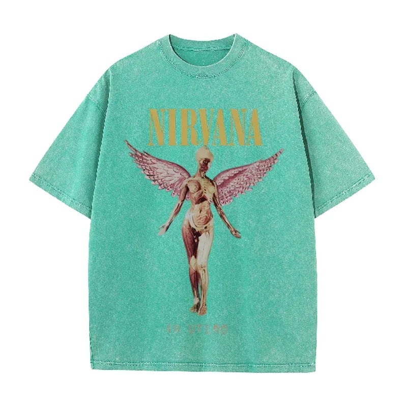 Nirvana Angel In Utero Print Vintage Washed T Shirt Rock Band Casual Top