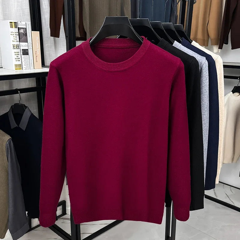 Soft Knit Men Crew Neck Long‑Sleeve Sweater Solid‑Color Plain Pullover Casual Business Basic Knitwear for Men
