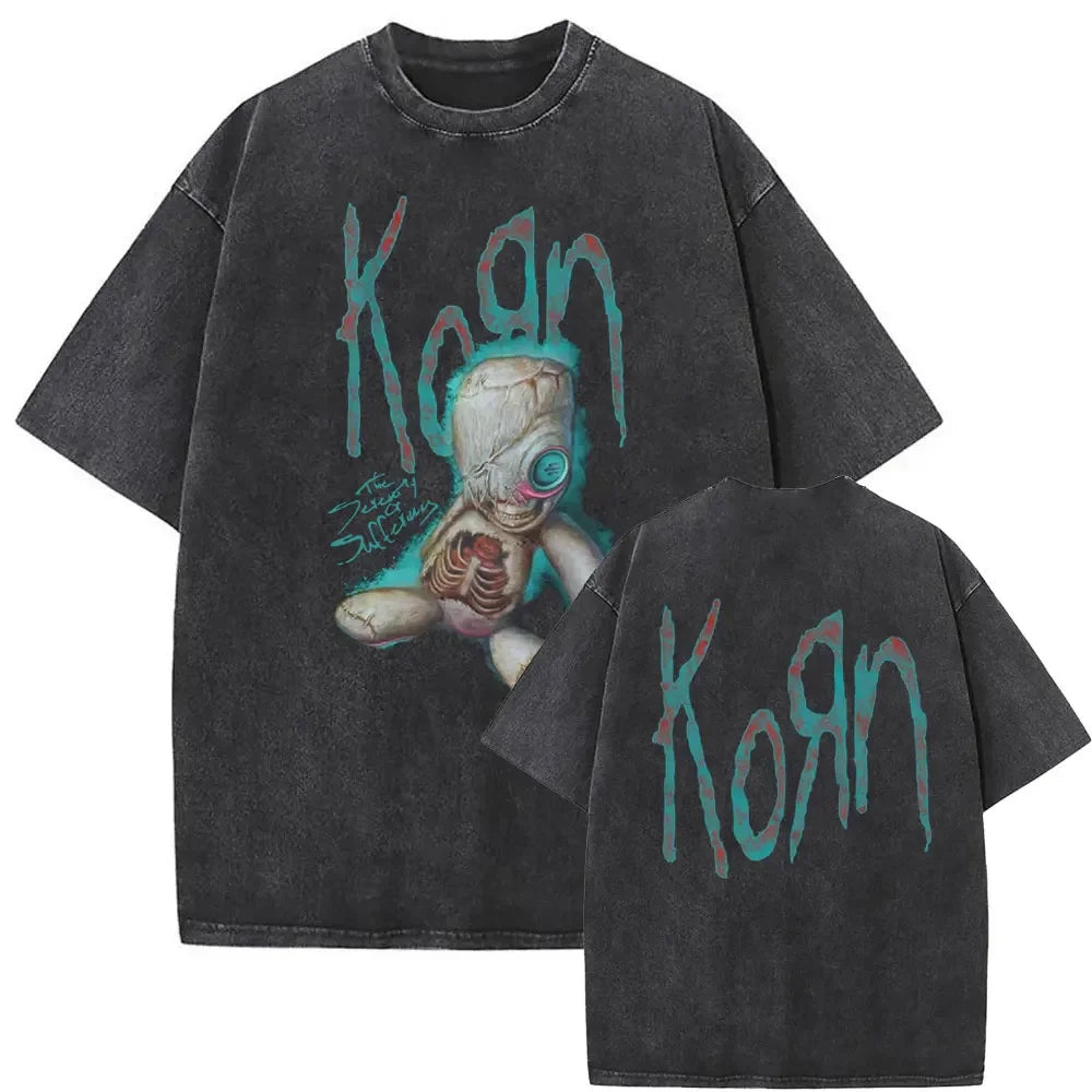 Rock Band Korn Ftl 25 Follow The Leader Double Sided Print T Shirt Men Gothic Casual Oversized Tees Unisex Washed Vintage Tshirt