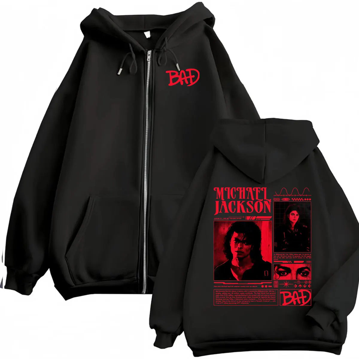 King of Pop Michael Jackson Bad Era Zipper Hoodie Men Women Harajuku Streetwear Jacket Sweatshirt Fleece Casual Zip Up Pullovers