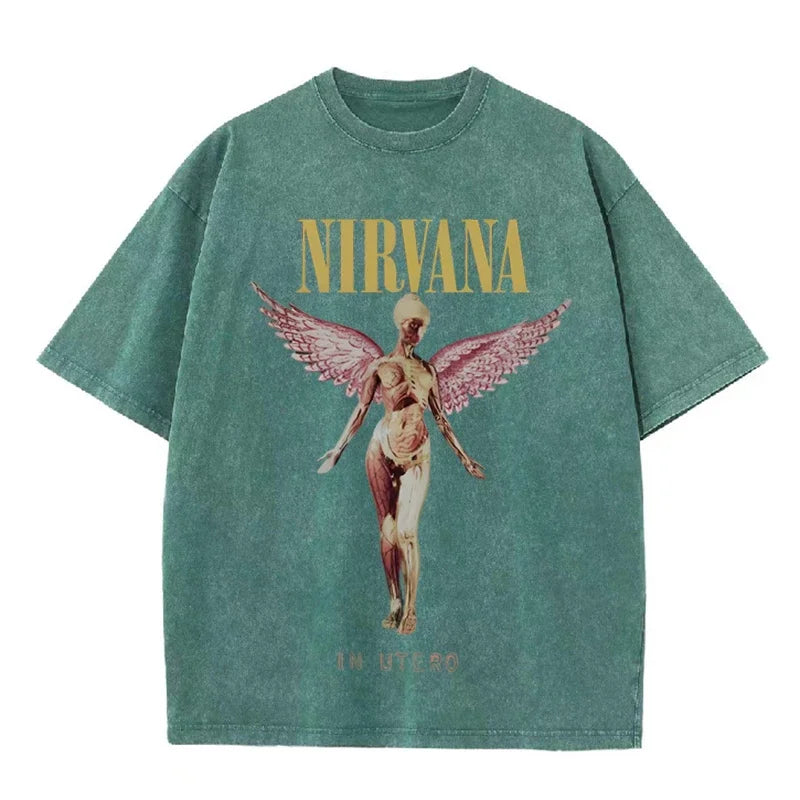 Nirvana Angel In Utero Print Vintage Washed T Shirt Rock Band Casual Top