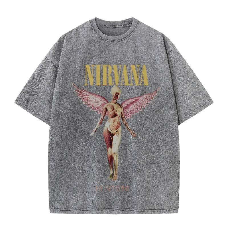 Nirvana Angel In Utero Print Vintage Washed T Shirt Rock Band Casual Top