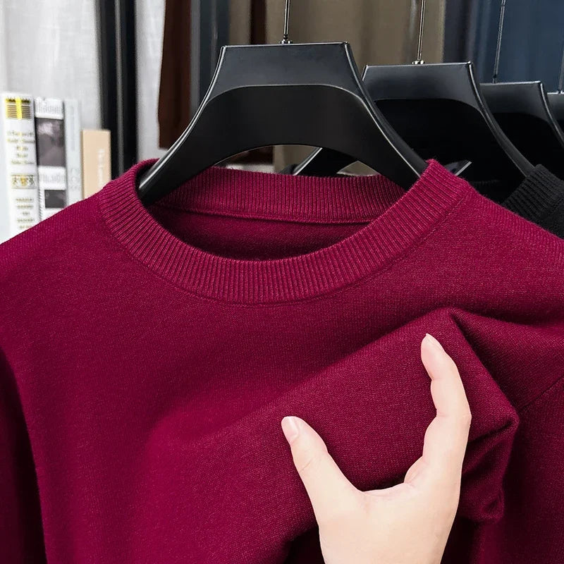 Soft Knit Men Crew Neck Long‑Sleeve Sweater Solid‑Color Plain Pullover Casual Business Basic Knitwear for Men