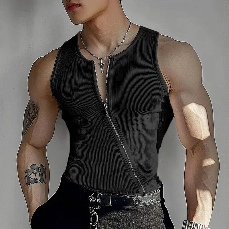 Men's Casual Y2K Ribbed Tank Tops Diagonal Zipper Vest Slim Fit Muscle Gym Sleeveless T-shirts Bodybuilding Workout Tank for Men