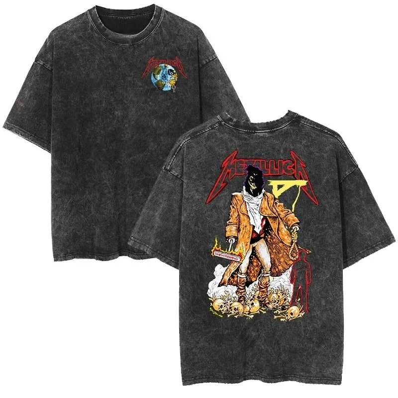 2026 and men women Classic washed T-shirt featuring the Metallica rock band Suitable for high-end luxurious outfits clothes