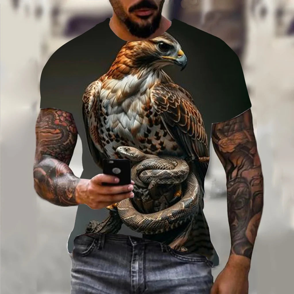 Harajuku Men's T-shirt Hip Hop Trend Street Casual Round Neck Short Sleeve Loose Top Fun 3D Animal Eagle Print T-shirt