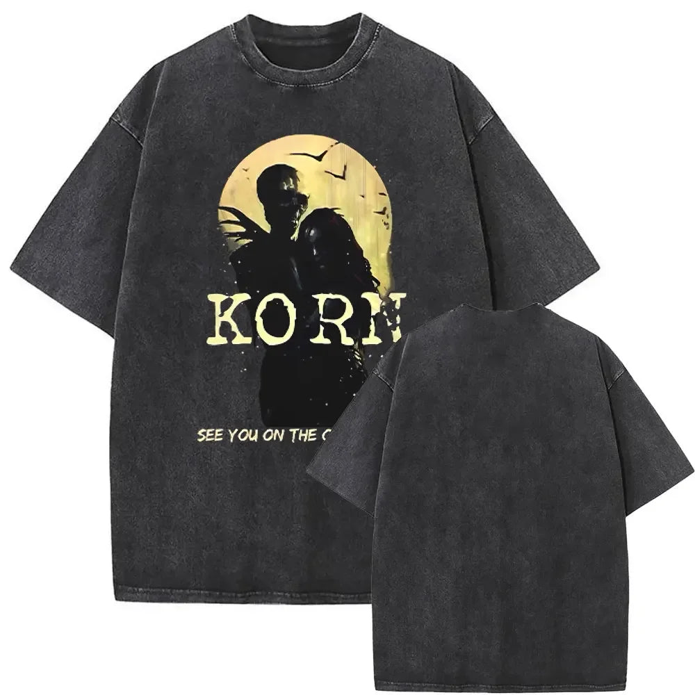 Rock Band Korn Ftl 25 Follow The Leader Double Sided Print T Shirt Men Gothic Casual Oversized Tees Unisex Washed Vintage Tshirt